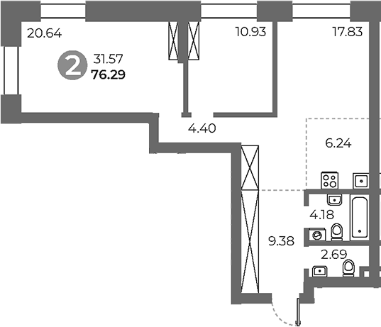 Планировка — Павелецкая от Гранель, 3-комн., 76 м²