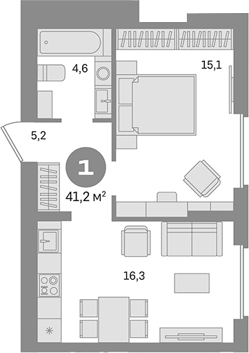 Планировка — Первый квартал. Вторая очередь, 1-комн., 41 м²