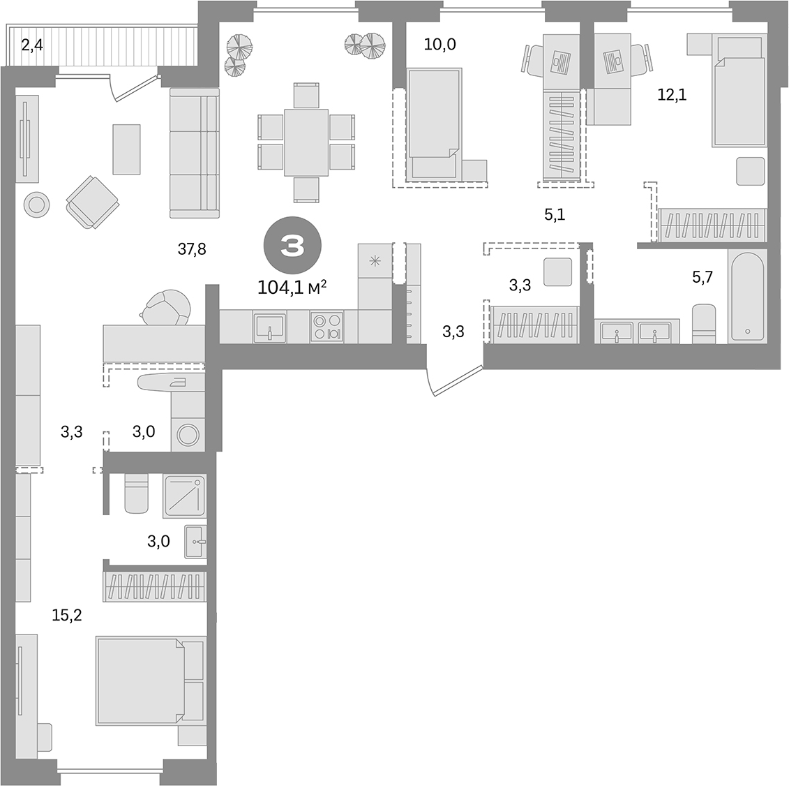 Планировка — Первый квартал. Вторая очередь, 3-комн., 102 м²