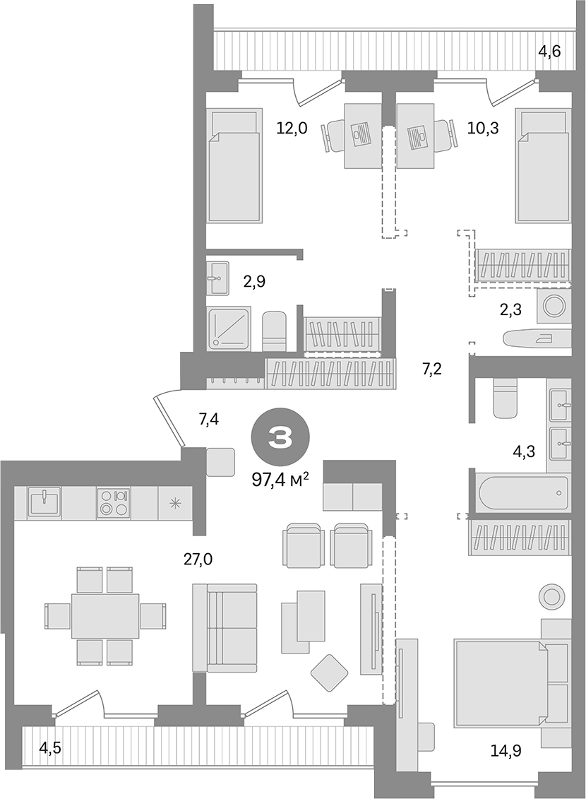 Планировка — Первый квартал. Вторая очередь, 3-комн., 88 м²
