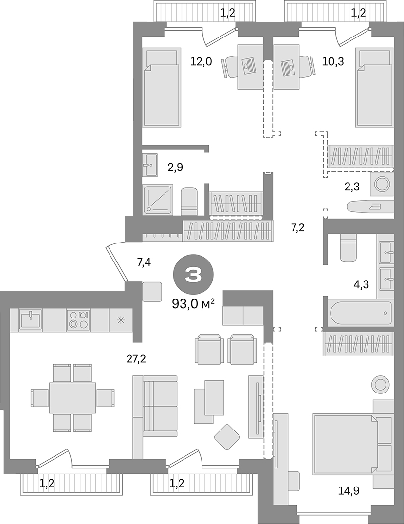 Планировка — Первый квартал. Вторая очередь, 3-комн., 88 м²