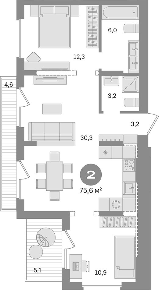 Планировка — Первый квартал. Вторая очередь, 2-комн., 66 м²
