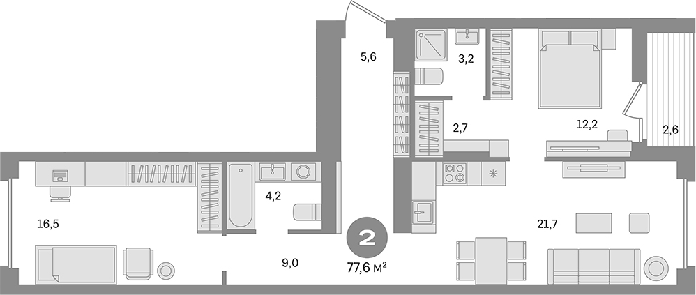 Планировка — Первый квартал. Вторая очередь, 2-комн., 75 м²
