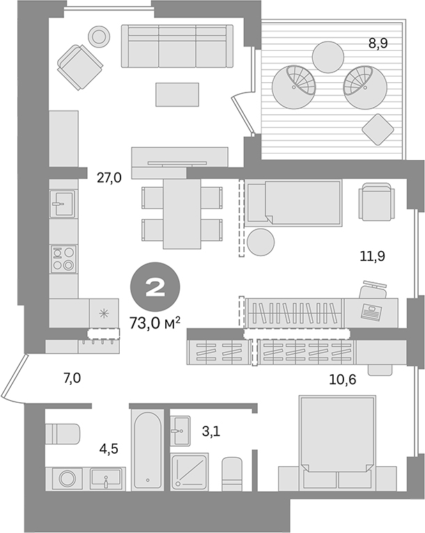 Планировка — Первый квартал. Вторая очередь, 2-комн., 64 м²