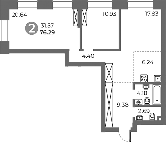 Планировка — Павелецкая от Гранель, 3-комн., 76 м²