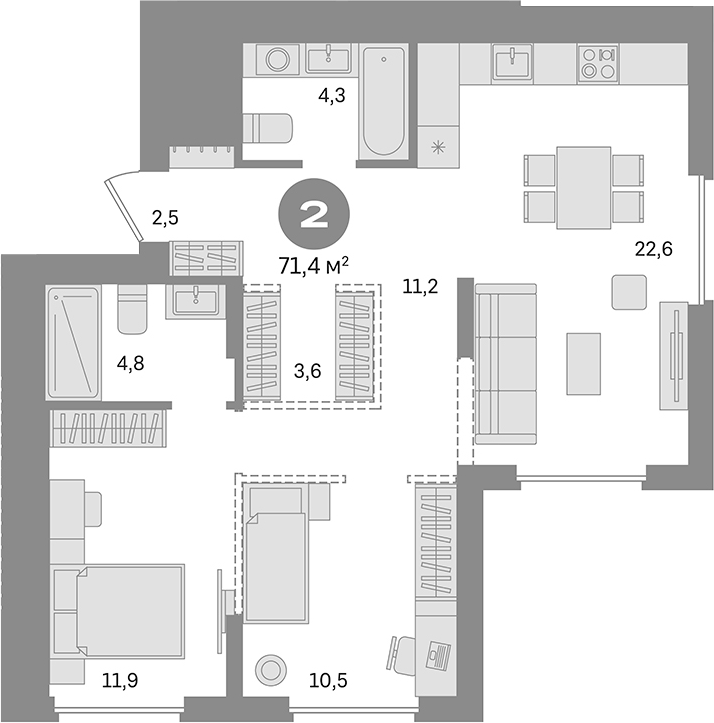 Планировка — Первый квартал. Вторая очередь, 2-комн., 71 м²