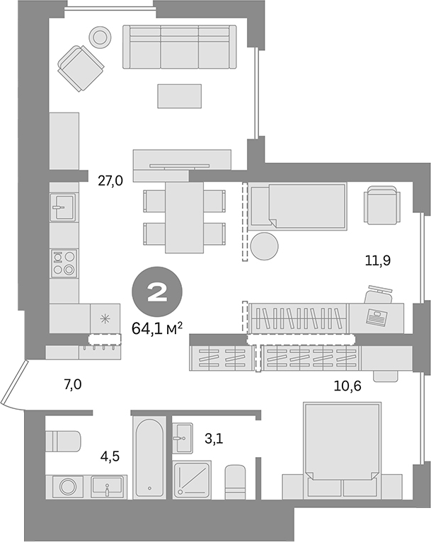 Планировка — Первый квартал. Вторая очередь, 2-комн., 64 м²