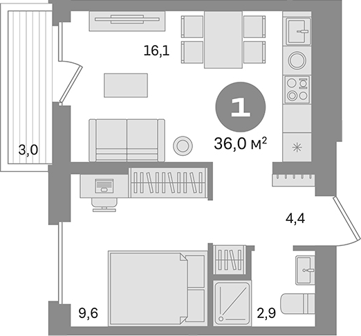 Планировка — Первый квартал. Вторая очередь, 1-комн., 33 м²