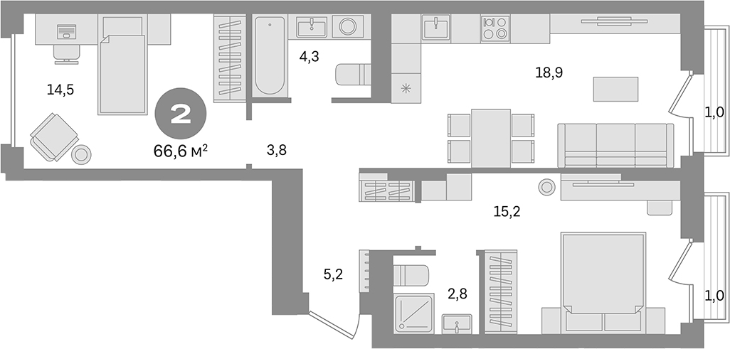 Планировка — Первый квартал. Вторая очередь, 2-комн., 65 м²
