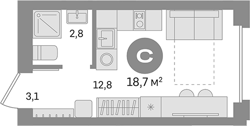 Планировка — Первый квартал. Вторая очередь, Студия, 19 м²