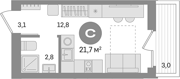 Планировка — Первый квартал. Вторая очередь, Студия, 19 м²