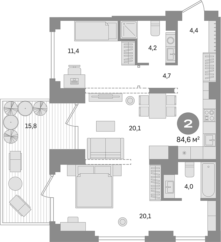 Планировка — Первый квартал. Вторая очередь, 2-комн., 69 м²