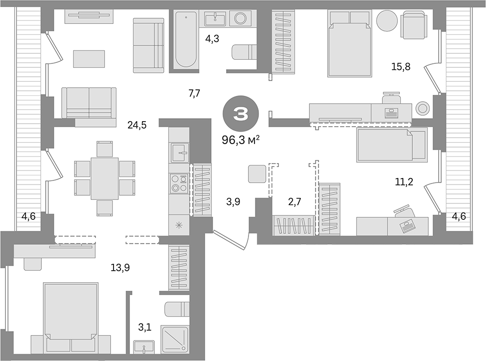 Планировка — Первый квартал. Вторая очередь, 3-комн., 87 м²