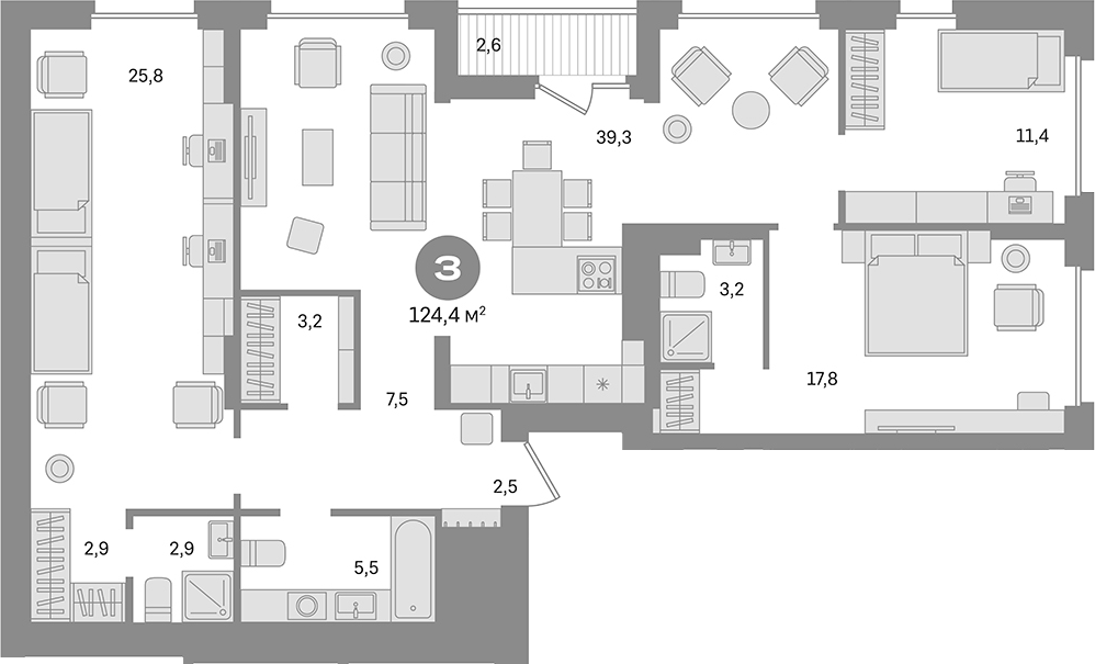 Планировка — Первый квартал. Вторая очередь, 3-комн., 122 м²
