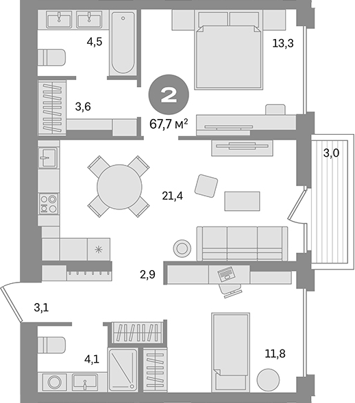 Планировка — Первый квартал. Вторая очередь, 2-комн., 65 м²
