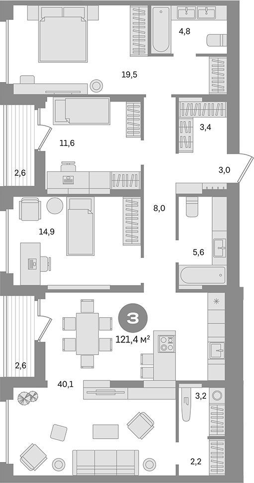 Планировка — Первый квартал. Вторая очередь, 3-комн., 116 м²