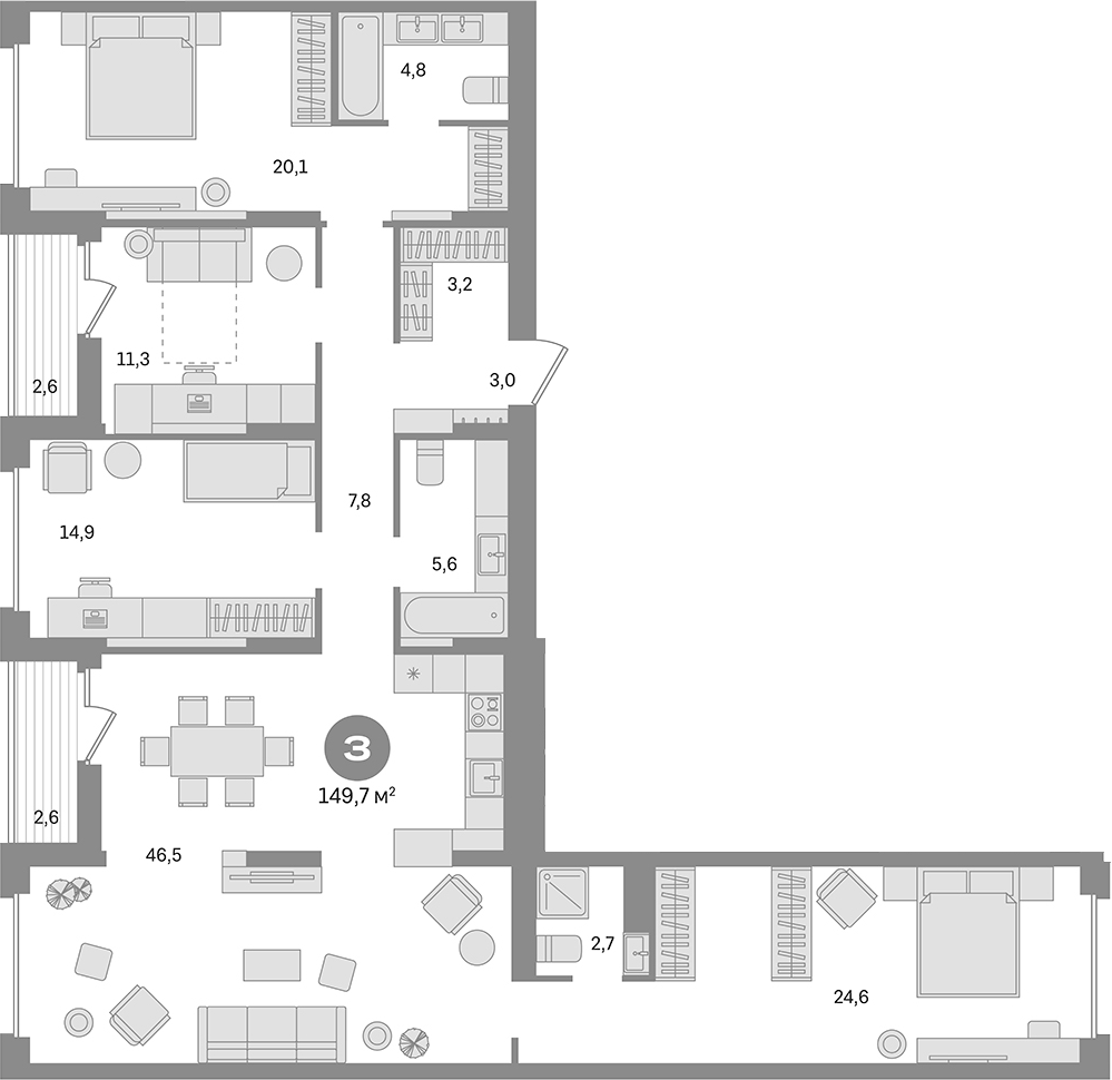 Планировка — Первый квартал. Вторая очередь, 4-комн., 145 м²