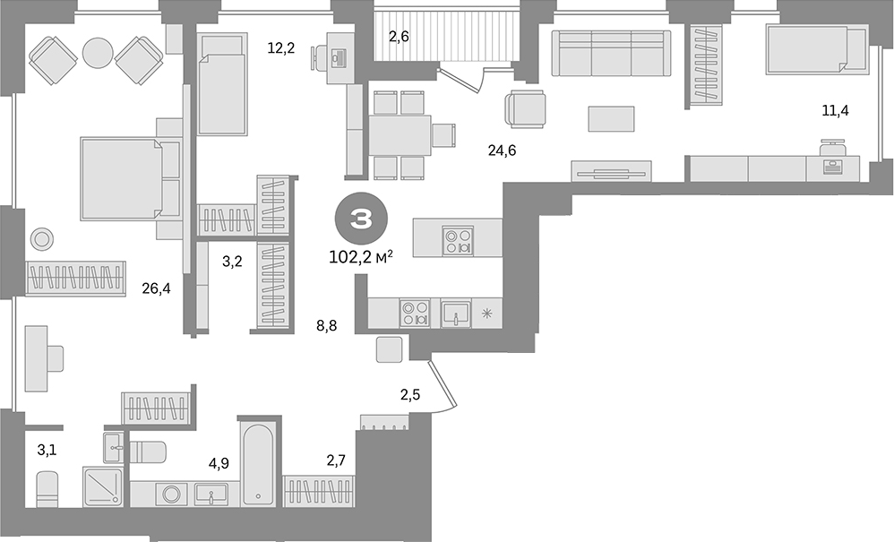 Планировка — Первый квартал. Вторая очередь, 3-комн., 100 м²