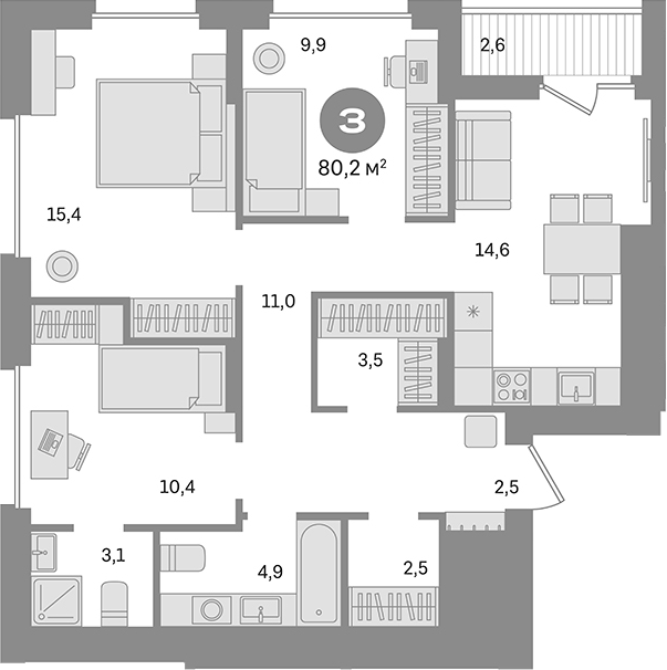 Планировка — Первый квартал. Вторая очередь, 3-комн., 78 м²