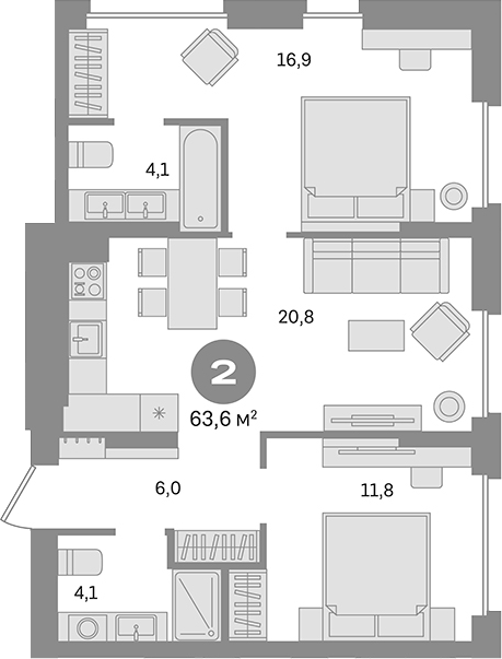 Планировка — Первый квартал. Вторая очередь, 2-комн., 64 м²
