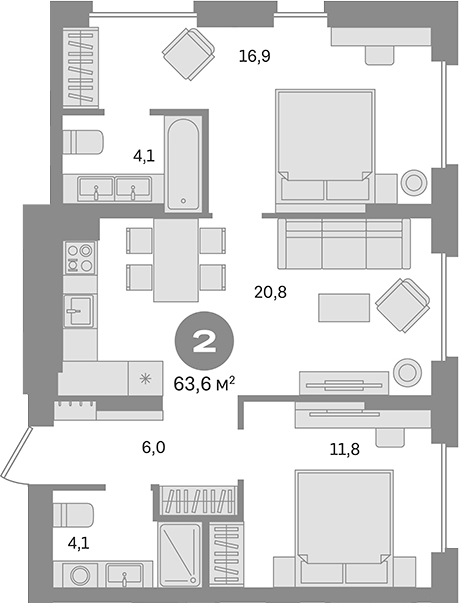 Планировка — Первый квартал. Вторая очередь, 2-комн., 64 м²