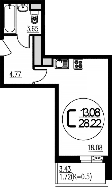 Планировка — Внуково Парк, Студия, 27 м²