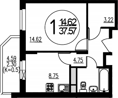 Планировка — Внуково Парк, 1-комн., 35 м²