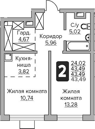 Планировка — Тринити, 2-комн., 43 м²