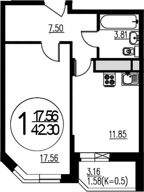 Планировка — Внуково Парк, 1-комн., 41 м²
