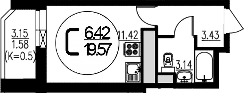 Планировка — Внуково Парк, Студия, 18 м²