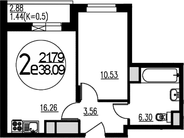 Планировка — Внуково Парк, 2-комн., 37 м²