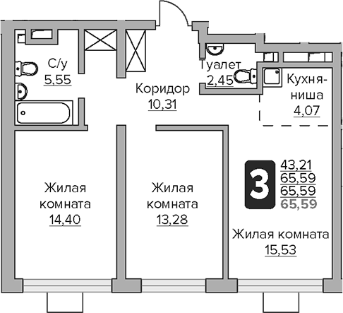 Планировка — Тринити, 3-комн., 66 м²