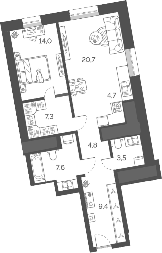 Планировка — Лайм, 2-комн., 72 м²