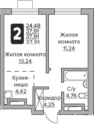 Планировка — Тринити, 2-комн., 38 м²