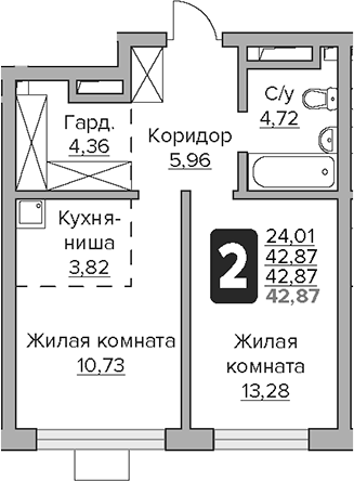 Планировка — Тринити, 2-комн., 43 м²