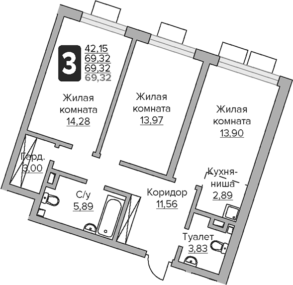 Планировка — Тринити, 3-комн., 69 м²
