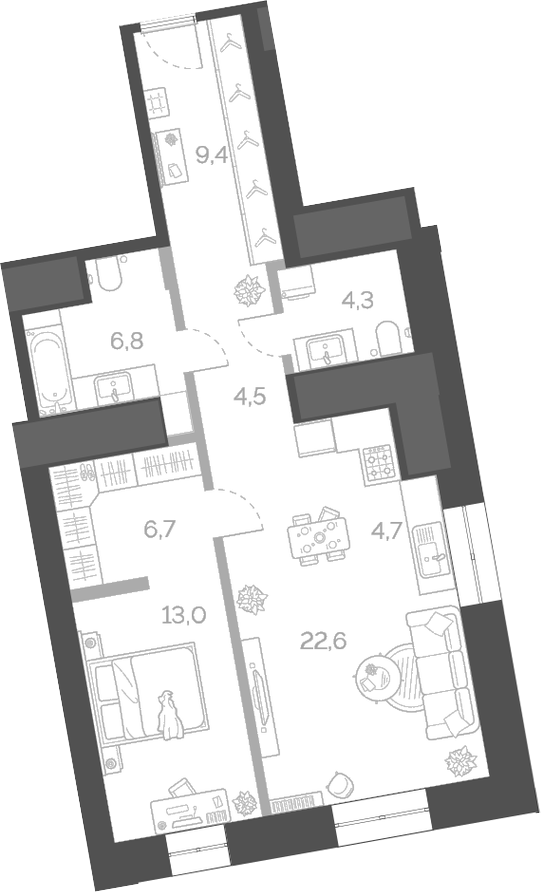 Планировка — Лайм, 2-комн., 72 м²
