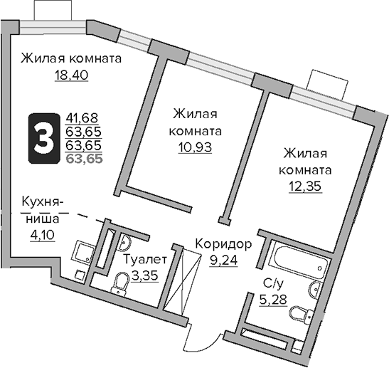 Планировка — Тринити, 3-комн., 64 м²