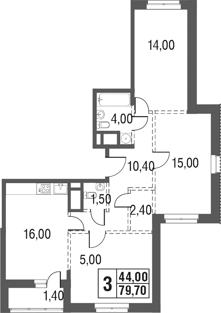 Планировка — Котельники Парк, 3-комн., 79 м²