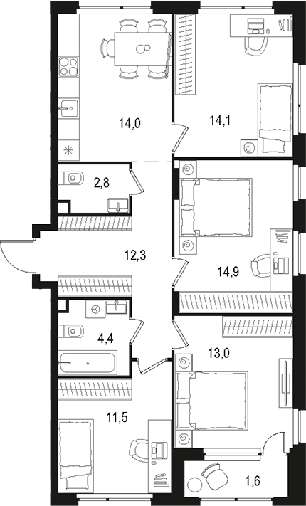 Планировка — Левел Лесной, 4-комн., 87 м²