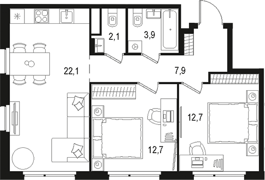 Планировка — Левел Лесной, 3-комн., 61 м²