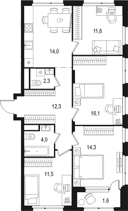 Планировка — Левел Лесной, 4-комн., 86 м²