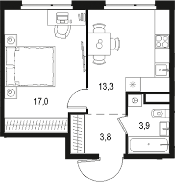 Планировка — Левел Лесной, 1-комн., 38 м²