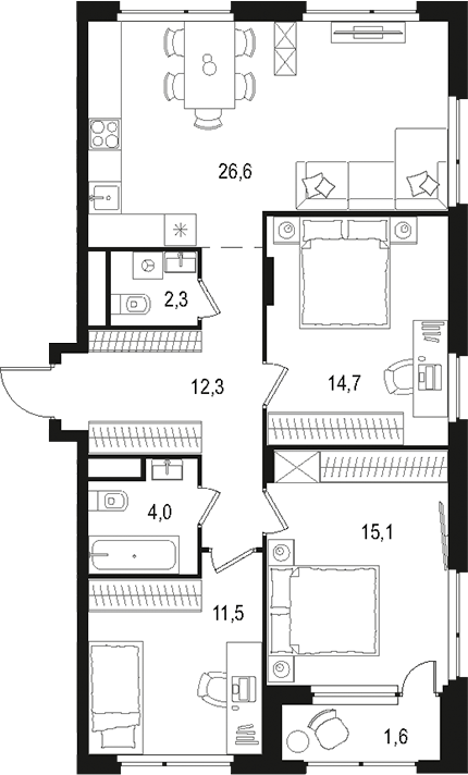 Планировка — Левел Лесной, 4-комн., 87 м²