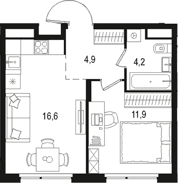 Планировка — Левел Лесной, 2-комн., 38 м²