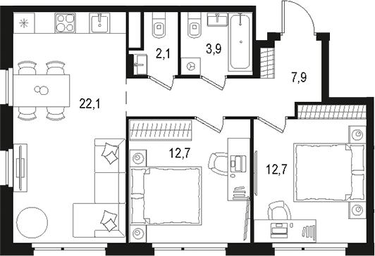 Планировка — Левел Лесной, 3-комн., 61 м²