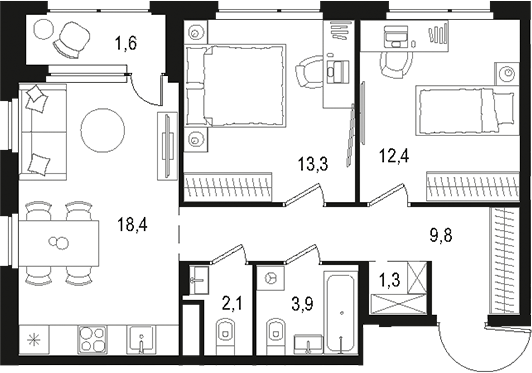 Планировка — Левел Лесной, 3-комн., 61 м²