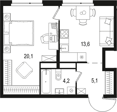 Планировка — Левел Лесной, 1-комн., 43 м²