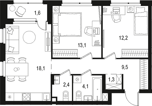 Планировка — Левел Лесной, 3-комн., 61 м²