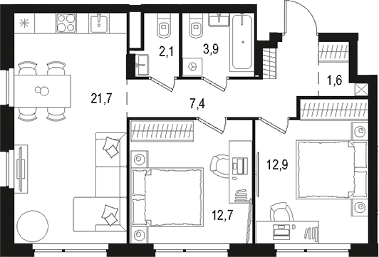 Планировка — Левел Лесной, 3-комн., 62 м²